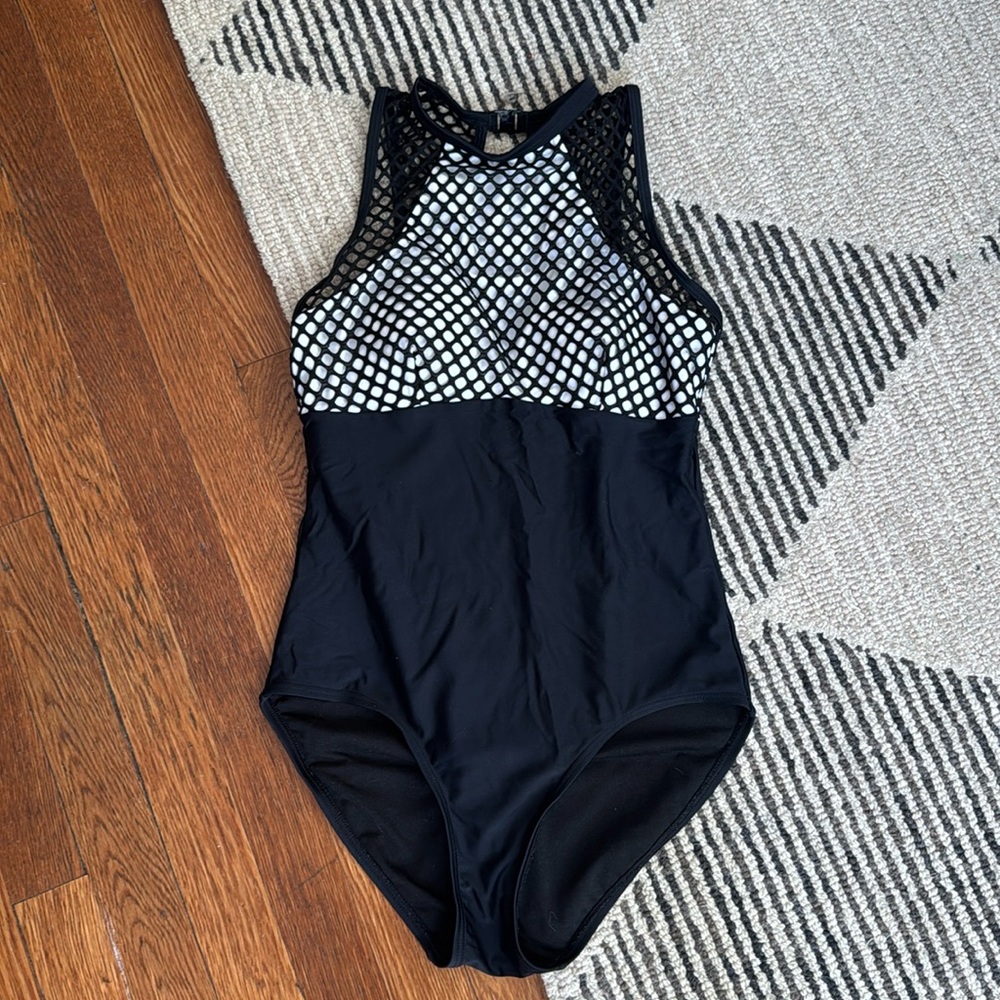 Black and white high neck one piece swimsuit